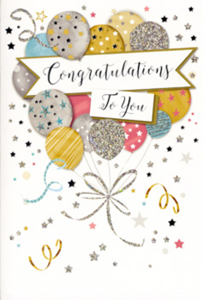 The card in this image offers a refined, joyful congratulations message, expressed through a carefully balanced composition of colour, shine, and movement. Dominating the design is a cheerful group of balloons, tightly clustered yet airy, gently arcing across the upper half of the card like an arrangement built to echo the skyline above Mottingham's tree-lined streets. Each balloon is rendered in harmonious shades of metallic gold, silver, champagne, sky blue, blush pink, and soft stone grey. Some are patterned with slender diagonal stripes, others are scattered with tiny stars, flecks of glitter, or subtle dots, creating a sense of depth, as though some balloons sit slightly in front of others. The artist has used hints of shimmer to suggest reflective surfaces, giving the impression that these balloons might glint softly under indoor lights at a celebration in a home near Mottingham Station or a gathering by Chinbrook Meadows. The strings trail down in delicate, curling lines of gold and silver, overlapping like the satin ribbons we use to tie elegant bouquets at Mottingham Florist, anchoring the exuberant shapes above. Across the centre floats a banner with gently unfurled ends, its borders refined and its interior reserved for the message "Congratulations To You," written in flowing, calligraphic script that feels both personal and formal. Around this central bouquet of balloons, the background is alive with small metallic stars, swirling ribbons, and confetti-like dots, scattered just enough to suggest motion without cluttering the card. The overall mood is carefully celebratory-festive yet serene-making it suitable for graduations, promotions, or any accomplishment worth marking with both a thoughtful card and perhaps fresh flowers delivered across the local Mottingham area.