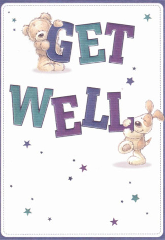 Brimming with positivity, this charming get well card captures a delightful scene: a fluffy bear and a bouncy-eared pup join forces to send a message of encouragement. The bear, rendered in soft golden browns, perches atop large, friendly letters, while the puppy, with expressive eyes and velvet-textured ears, curls around the word 'WELL' below. Playful stars, twinkling in vibrant blues and purples, scatter across the creamy backdrop-much like good wishes drifting over Mottingham's green spaces and quiet lanes. The bold, shadowed typography feels as if it has been arranged with the same careful attention given to a bouquet at Mottingham Florist-each letter imbued with depth and cheer. The warmth of the scene blends the nostalgia of illustrated children's tales with the sincere support of a neighbourly gesture. You can almost sense the comforting touch in the bear's fluff and the puppy's soft paws, inviting thoughts of both healing and joy. It's the sort of design that would sit beautifully alongside a freshly arranged bouquet, delivered with care to a doorstep nestled along Mottingham Road. Here, visual comfort meets heartfelt encouragement in a way that's both tender and enduring.